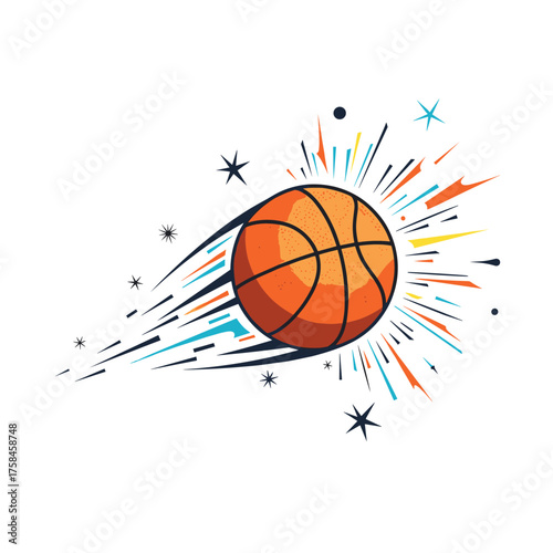 Abstract sports illustration of a basketball in motion with energetic colorful streaks and stars.