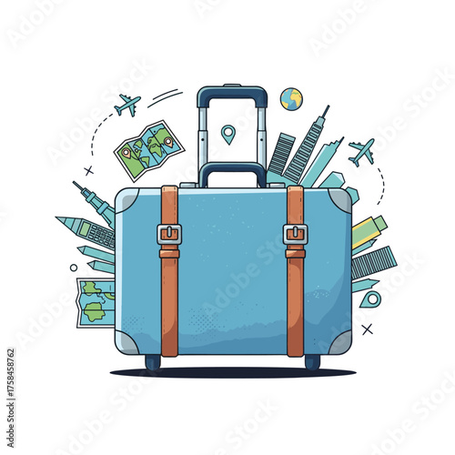 Embark on an exciting journey with this vintage travel suitcase and explore iconic global landmarks.