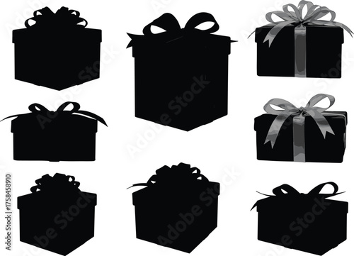Silhouette gift boxes, black icons, ribbon styles, holiday packaging, festive design, present shapes, vector illustration, celebration, graphic elements, decoration
