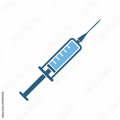 Medical syringe icon, vaccination or injection symbol in blue and white colors.