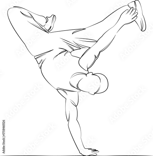 One continuous line drawing on white isolated background. Minimalism linear illustration. teenage, hip hop, person, dancer, dance, performance, boy, breakdance, modern, young