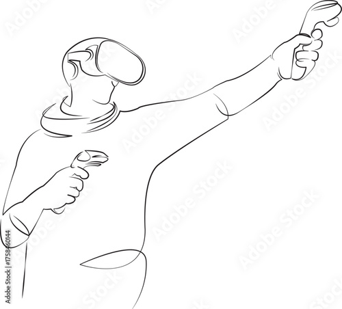 One continuous line drawing on white isolated background. Minimalism linear illustration. game, goggles, gaming, man, reality, technology, virtual, headset, digital, male