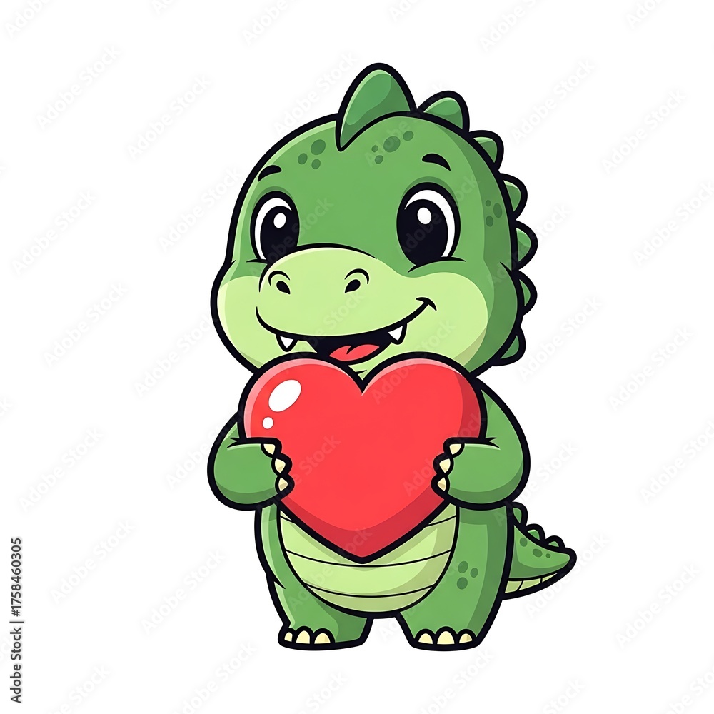 Fototapeta premium Adorable Green Dinosaur with a Heart A Sweet and Charming Cartoon Illustration for Kids and Valentine's Day