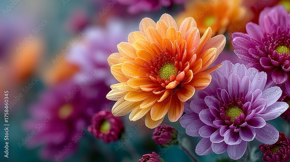 Obraz premium Vibrant Orange and Purple Chrysanthemums with Dew Drops