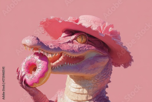 Dinosaur With Donut. Cartoon Alligator Holding Pink Donut in Mouth with Sprinkle, Pink Hat