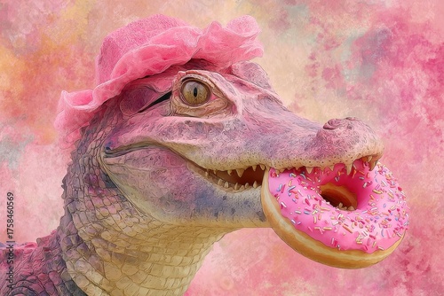Dinosaur With Donut. Large Reptile in Pink Hat Holding a Sprinkled Donut