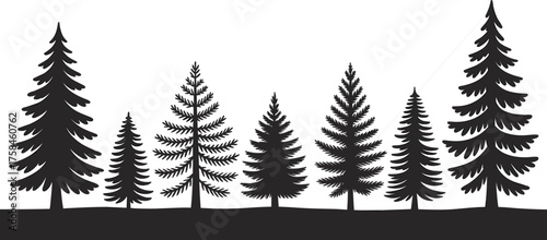 Black and white silhouette illustration of pine trees on natural landscape forest scene showing detailed evergreen woodland vector design