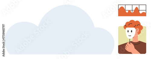 Person lifting a mask beside a cloud graphic and data chart, reflecting honesty, identity, transparency, personal growth, self-awareness, data analysis, and overcoming facades. Simple flat metaphor