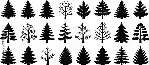 Collection of black silhouette tree illustrations featuring various pine and deciduous shapes for nature, forest, and landscape vector design