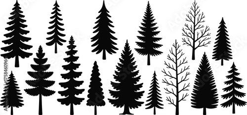 Collection of elegant black and gray tree silhouettes featuring pine and deciduous shapes for modern forest and nature vector design