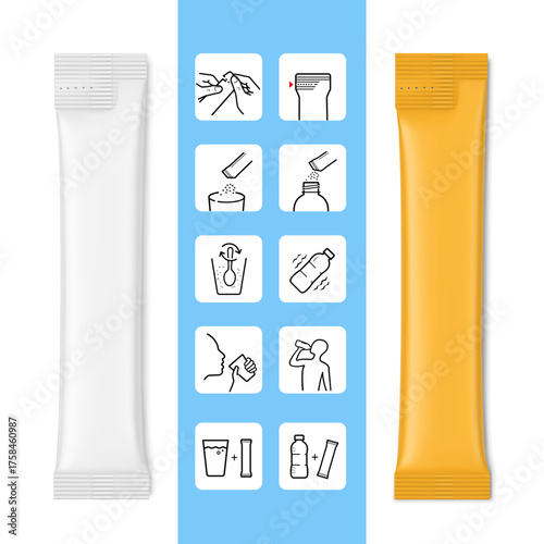 Stick packaging mockup with set icons. Vector illustration on colour background. Ready for use in presentation, promo, advertising and more. EPS10.