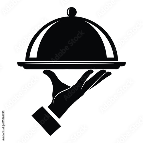 Elegant waiter hand serving food dish with cover restaurant catering service icon silhouette