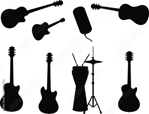Silhouette of musical instruments including guitars, microphone, conga drum, cymbal, drumsticks, perfect for band, concert, music, studio, performance themes