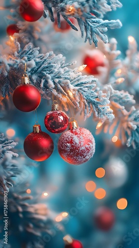 Frosty Christmas Tree with Red Ornaments and Twinkling Lights