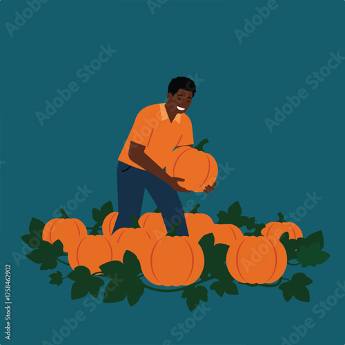 Man holding a pumpkin amidst a patch of ripe pumpkins and vines