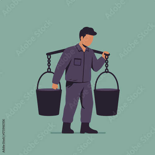 Person carrying two buckets of water on a yoke