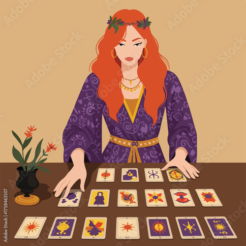 Woman with red hair reading fortune-telling cards spread on a table