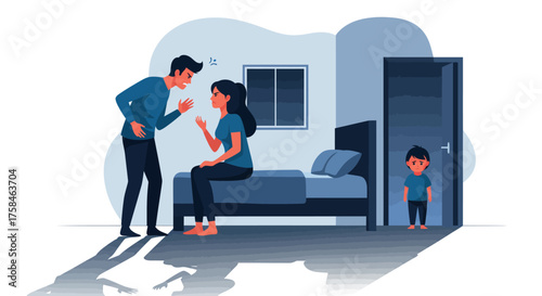 A sad child watches from the doorway as his parents have a heated argument in the bedroom, illustrating domestic conflict.