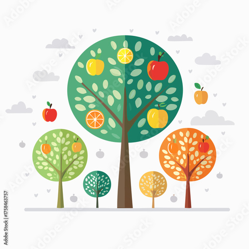 Fruitful trees standing together in a serene landscape viewed from a slight elevation