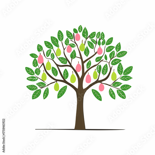 A brown tree with green leaves and pink and green pears standing alone outside in a serene environment viewed from the front