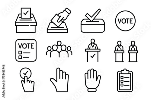 Set of 12 black and white line art icons representing voting election and democratic processes vector silhouette