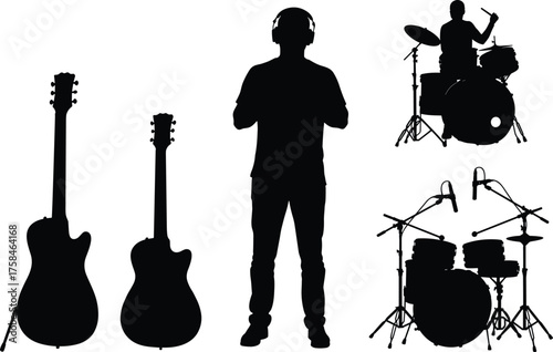 Silhouette, music band, electric guitar, drum set, headphones, recording studio, musician, performance, concert, audio gear, rhythm, sound, stage, live, black