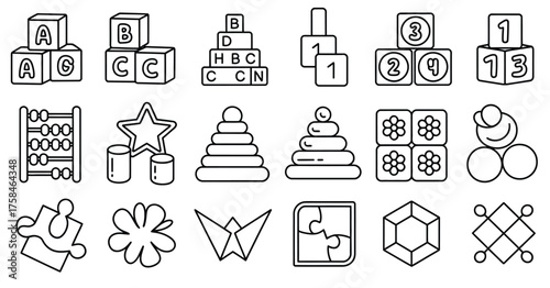 Set of 20 black and white line art toy icons for vector eps graphics scalable illustration silhouette