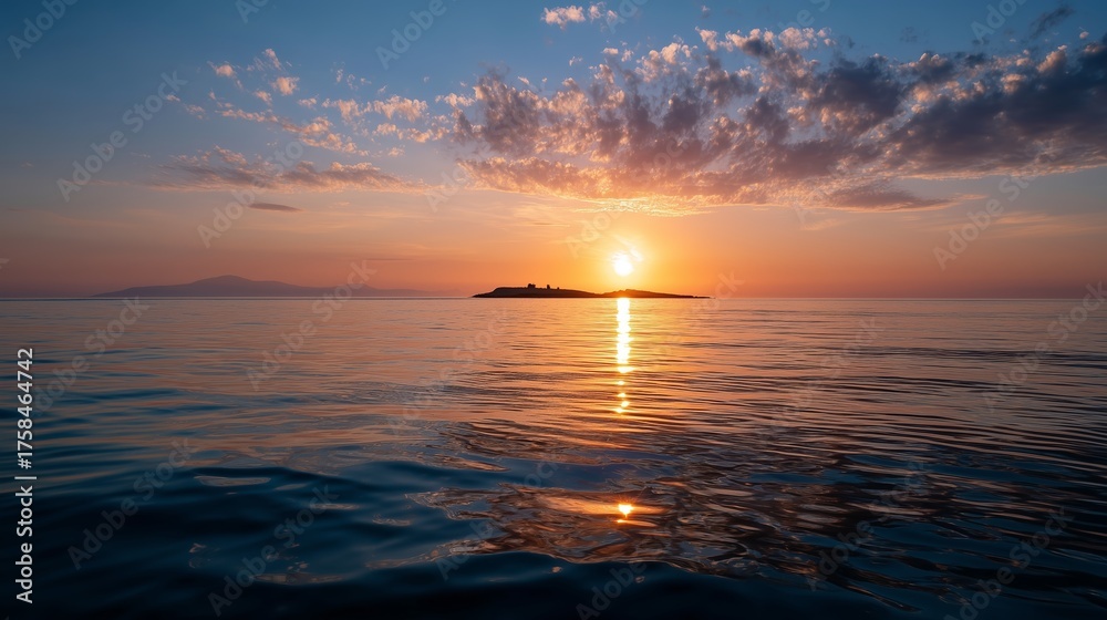 Fototapeta premium Sunset over calm waters with distant island view and colorful clouds in the sky