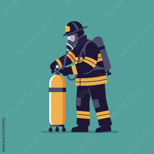Firefighter in protective gear prepares oxygen tank with mask and helmet