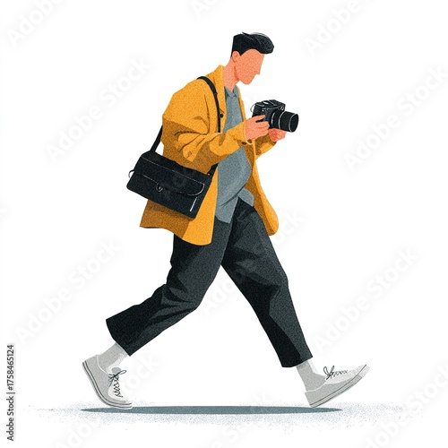 A photographer in a yellow jacket walks with a camera, isolated on white background, capturing moments