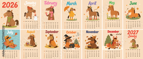 Horse calendar for 2026 with vector grid calendar with cartoon horses and seasonal illustrations for each month of the year in a flat vector style. 12 horses for each month.