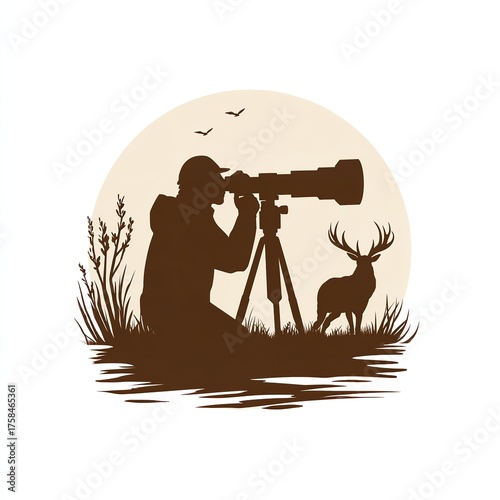Silhouette of a wildlife photographer capturing a deer in nature, isolated on white background
