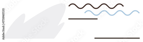 Shark fin silhouette paired with black and blue wavy horizontal lines in minimalist design. Ideal for marine life, sustainability, ocean conservation, simplicity, minimalism, graphic design, creative