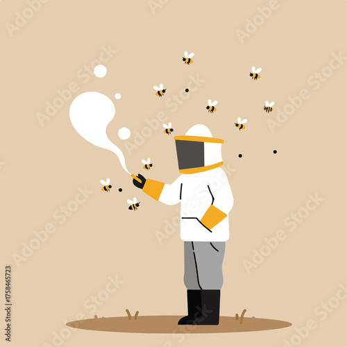 Beekeeper in protective suit interacts with flying bees, smoke drifts upward