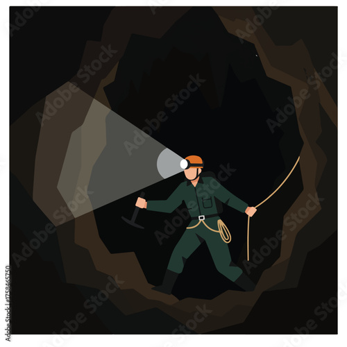 A spelunker explores a dark cave with a headlamp, pickaxe, and safety rope