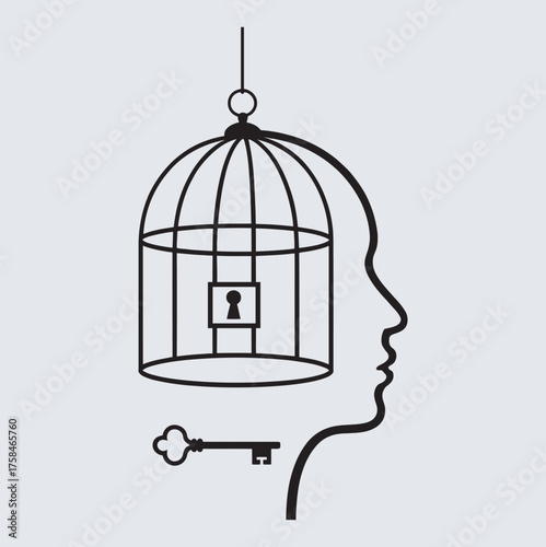 Conceptual illustration of mental prison with a key and human profile,  vector illustration