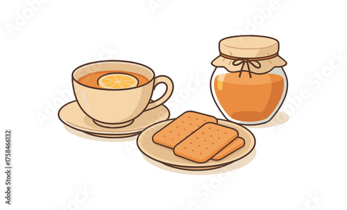 teacup with lemon slice plate of biscuits honey jar flat vector illustration style isolated on white background