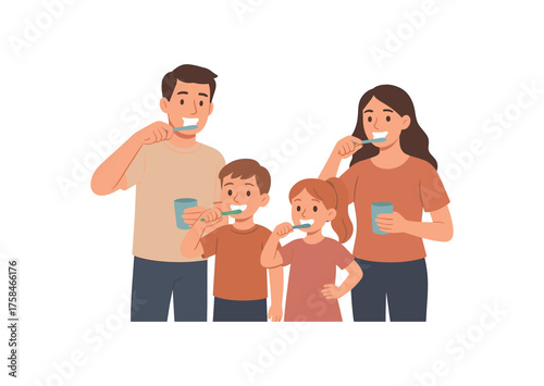 children brushing teeth family life flat vector illustration style isolated on white background