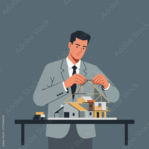 A man in a suit constructs a miniature house model