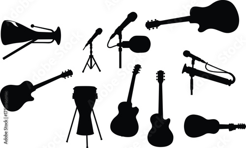 Silhouette, musical instruments, guitars, trombone, microphone, conga drum, music gear, live performance, concert setup, audio equipment, black icons, vector