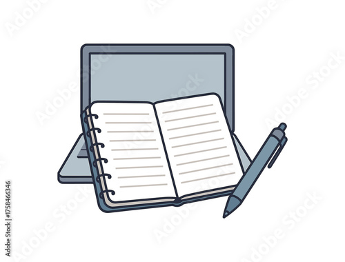 notebook and pen remote work flat vector illustration style isolated on white background