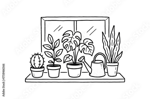 doodle illustration of indoor plants on windowsill with watering can clean black and white line art with slightly hand drawn strokes cozy eco home style on white background
