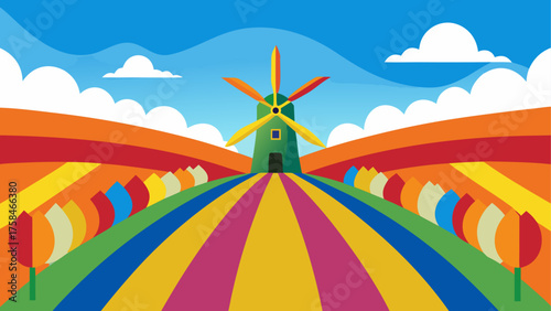 Colorful landscape with windmill and tulip fields under a cloudy sky in a vibrant illustration style
