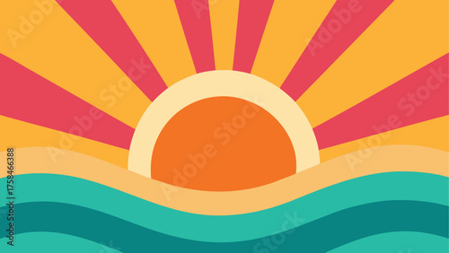 Retro stylized sun rising over wavy ocean illustration with radiating sunbeams design element scene