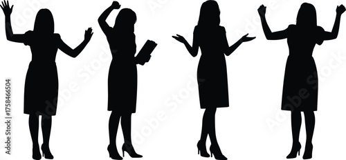 Woman silhouette illustration, expressive body language poses, fashion dress art, gesture design, emotional posture, black and white artwork