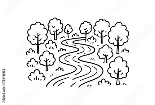 doodle illustration of river winding like lazy snake through trees clean black and white line art with slightly hand drawn strokes simple and lively style on white background