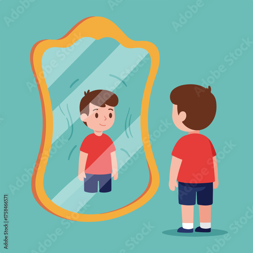 Boy looking into a mirror and seeing his reflection