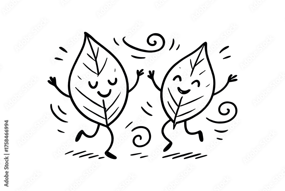 Fototapeta premium doodle illustration of two leaves dancing together the breeze clean black and white line art with slightly hand drawn strokes simple and lively style on white background
