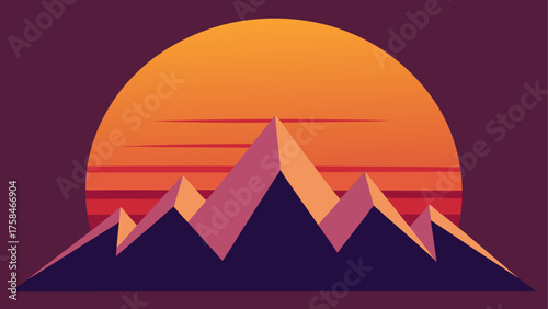 Illustration of mountain peaks with a sunset in the background in a retro style design aesthetic