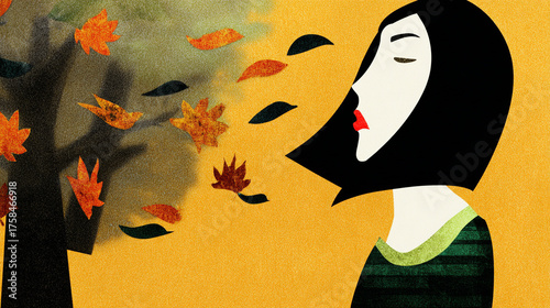 2D illustration of a sad thoughtful woman surrounded by autumn leaves flying through the air.